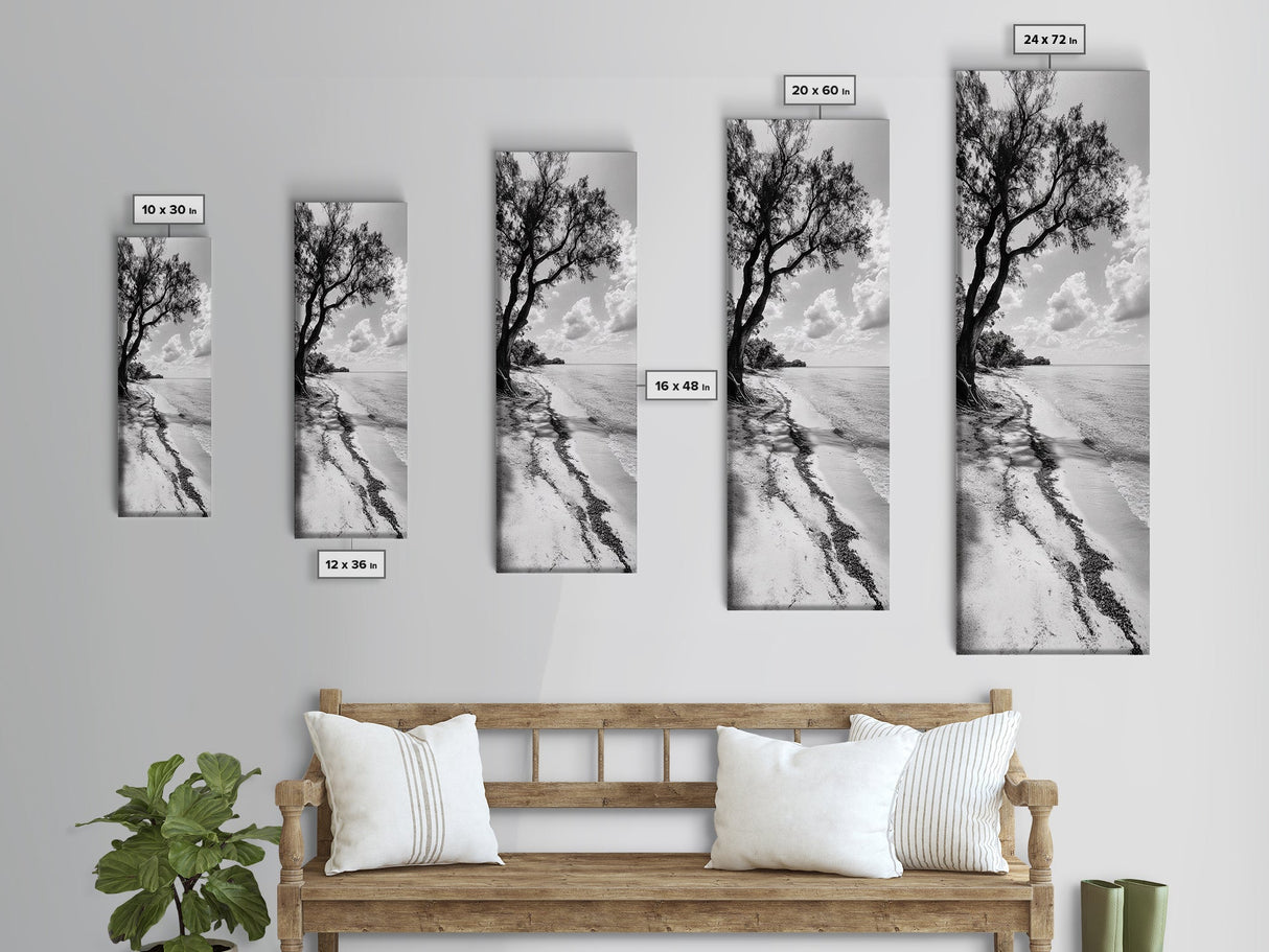 Serene Beach Tree, Calm Ocean Coast, Black White Shoreline, Framed Canvas Print, Coastal Entryway Decor, Minimal Nature Wall Art