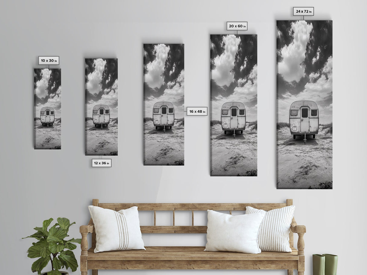 Vintage Camper, Cloudy Sky, Wanderlust Life, Desert Minimalism, Framed Canvas Print, Retro Travel Wall Art, Boho Bedroom Print, Office Art