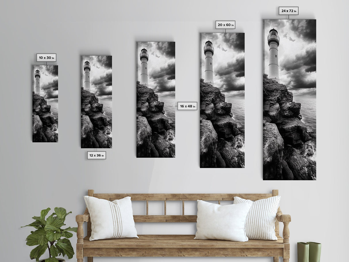Lighthouse Coast, Stormy Sky, Black White Ocean, Framed Canvas Print, Nautical Wall Art, Rustic Beach House Living Room Decor