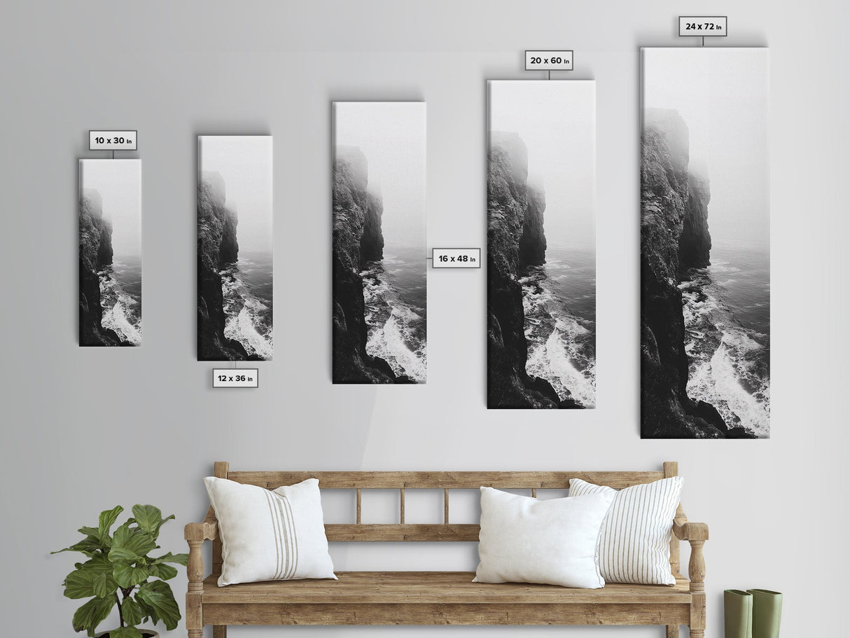 Foggy Cliffs, Moody Coast, Dramatic Seascape, Framed Canvas Print, Modern Dark Aesthetic Art, Minimalist Living Room Wall Decor