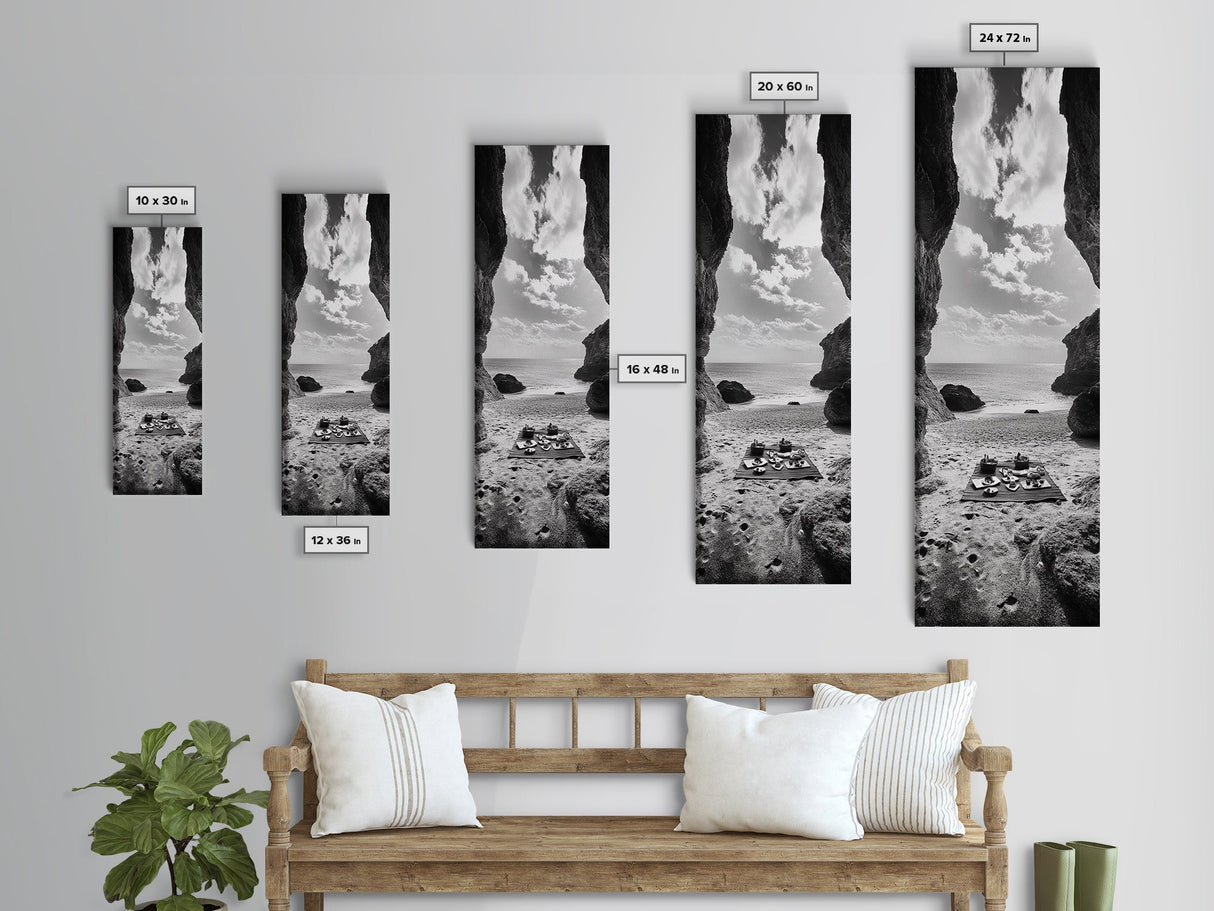 Beach Picnic, Seaside Cave, Ocean View, Framed Canvas Print, Minimalist Coastal Art, Dining Room Decor, Romantic Escape Vibes, Nautical Decor