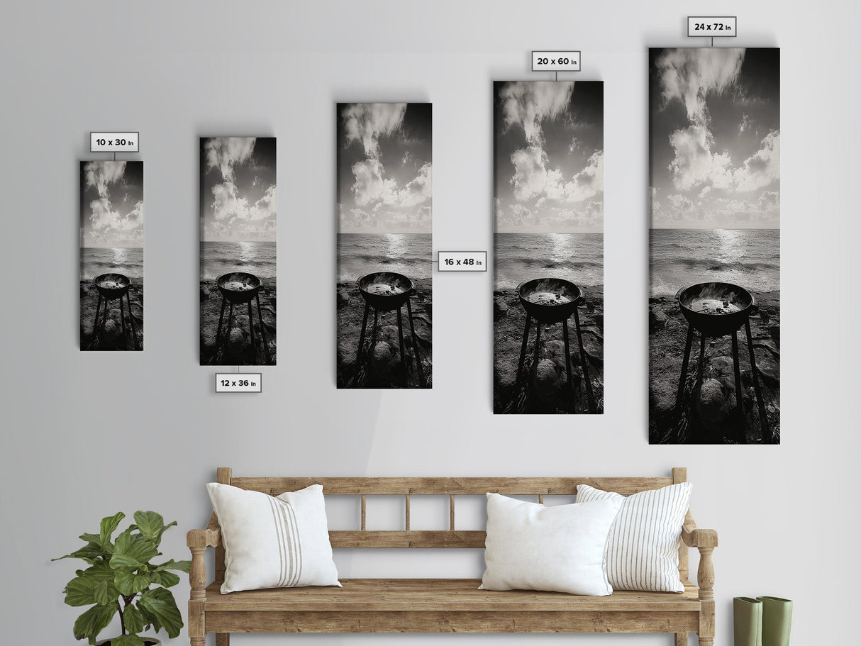 Smoky Grill, Seaside BBQ, Coastal Cooking, Framed Canvas Print, Rustic Outdoor Kitchen Art, Summer Vibes Wall Decor, Moody Beach Scene