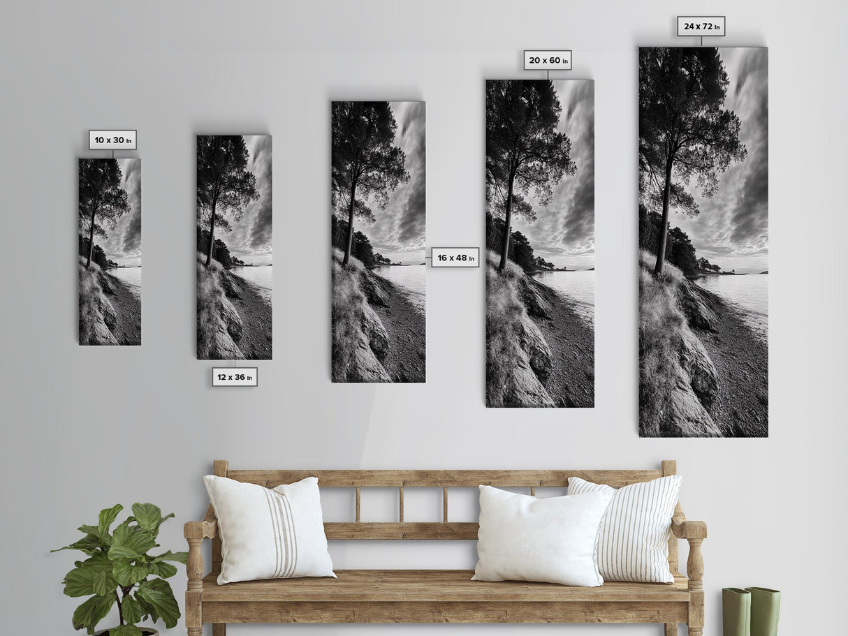Coastal Tree, Ocean Horizon, Windswept Shore, Nature Calm, Moody Sky, Framed Canvas Print, Office Wall Art, Coastal Rustic Aesthetic