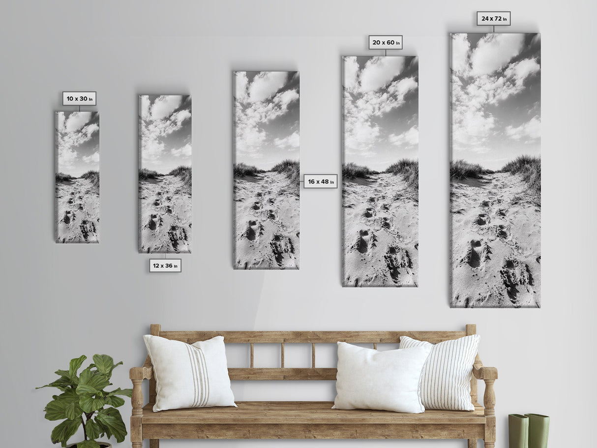 Sandy Trail, Dune Path, Footprints Grass, Canvas Print, Fall Coastal Decor, Boho Entryway Art, Black and White Beach Landscape