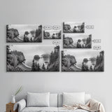 Misty Coastal Cliffs, Ocean Horizon, Monochrome Art, Nature Landscape, Canvas Print, Rustic Living Room Decor, Moody Wall Art, Black and White