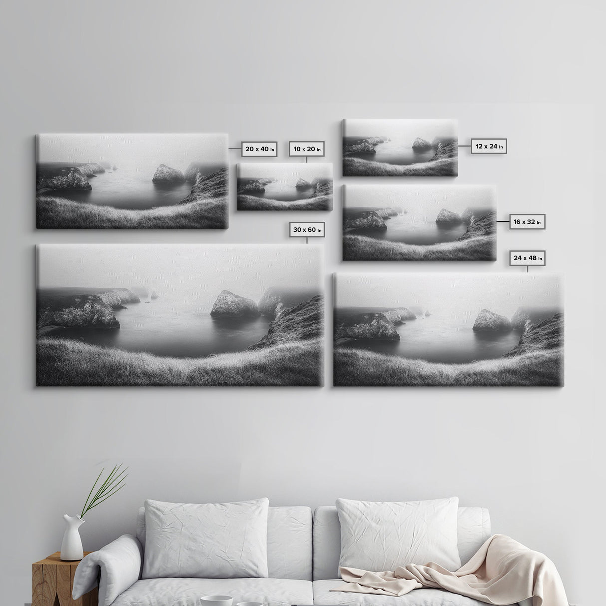 Serene Fog Cliffs, Dreamy Coastline, Soft Light Seascape, Canvas Print, Tranquil Bedroom Wall Art, Minimal Nature Photography