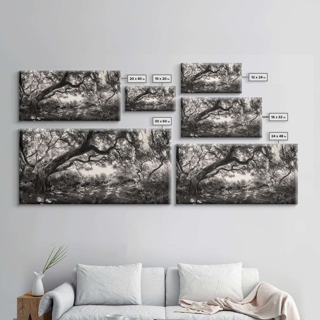 Twisted Forest Canopy, Ancient Trees, Mystical Woodland, Canvas Print, Boho Living Room Art, Black and White Nature Print, Cabin Decor
