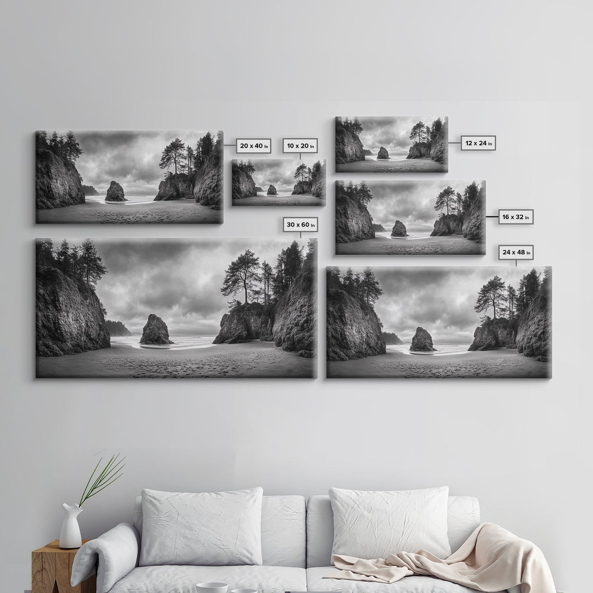 Hidden Coastal Cove, Dramatic Ocean Scene, Natural Seascape, Canvas Print, Rustic Cabin Wall Art, Black and White Beach Photography