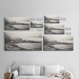 Coastal Fog Village, Misty Ocean Cliff Scene, Black and White Landscape, Canvas Print, Bedroom Wall Art, Rustic Coastal Decor
