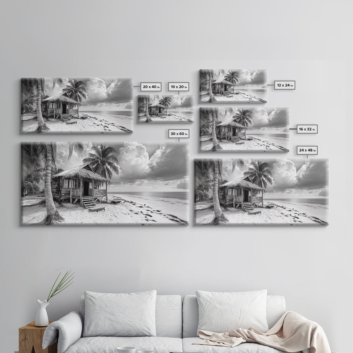 Tropical Hut, Palm Tree Scene, Island Escape Photo, Framed Canvas Print, Beach House Wall Art, Rustic Boho Coastal Decor, Nature Scene