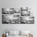 Pebble Beach Sunrise, Serene Rock Shore, Ocean Horizon Light, Framed Canvas Print, Bathroom Wall Art, Minimalist Coastal Decor