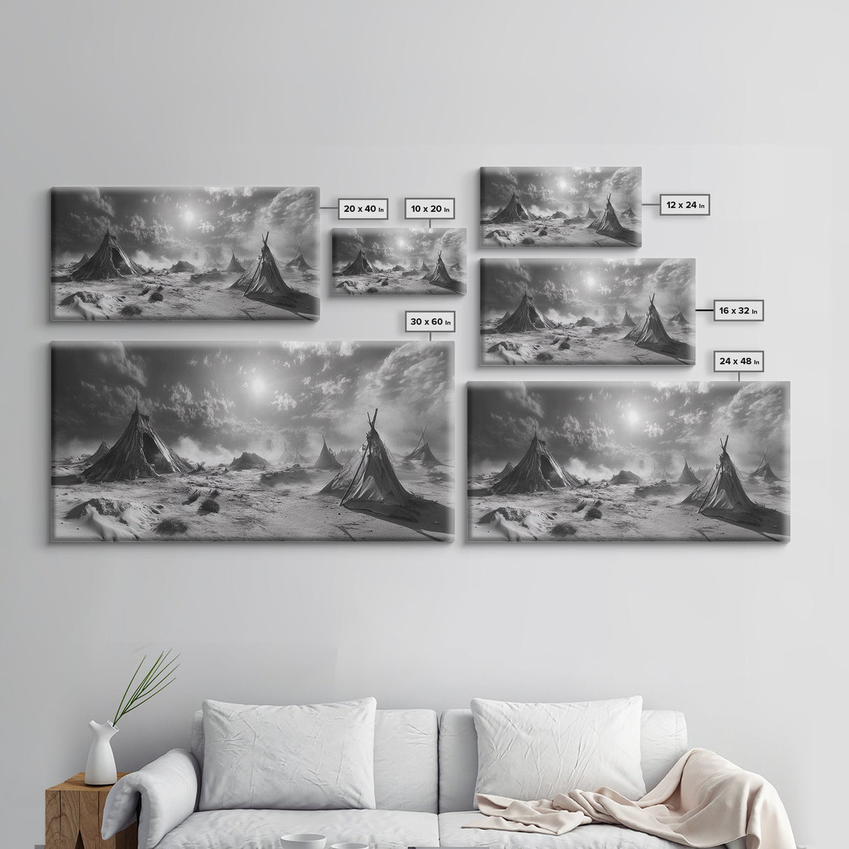 Desert Tent Scene, Surreal Tribal Landscape, Stormy Sky Tents, Canvas Print, Living Room Wall Art, Boho Nomad Aesthetic, Living Room Wall Art