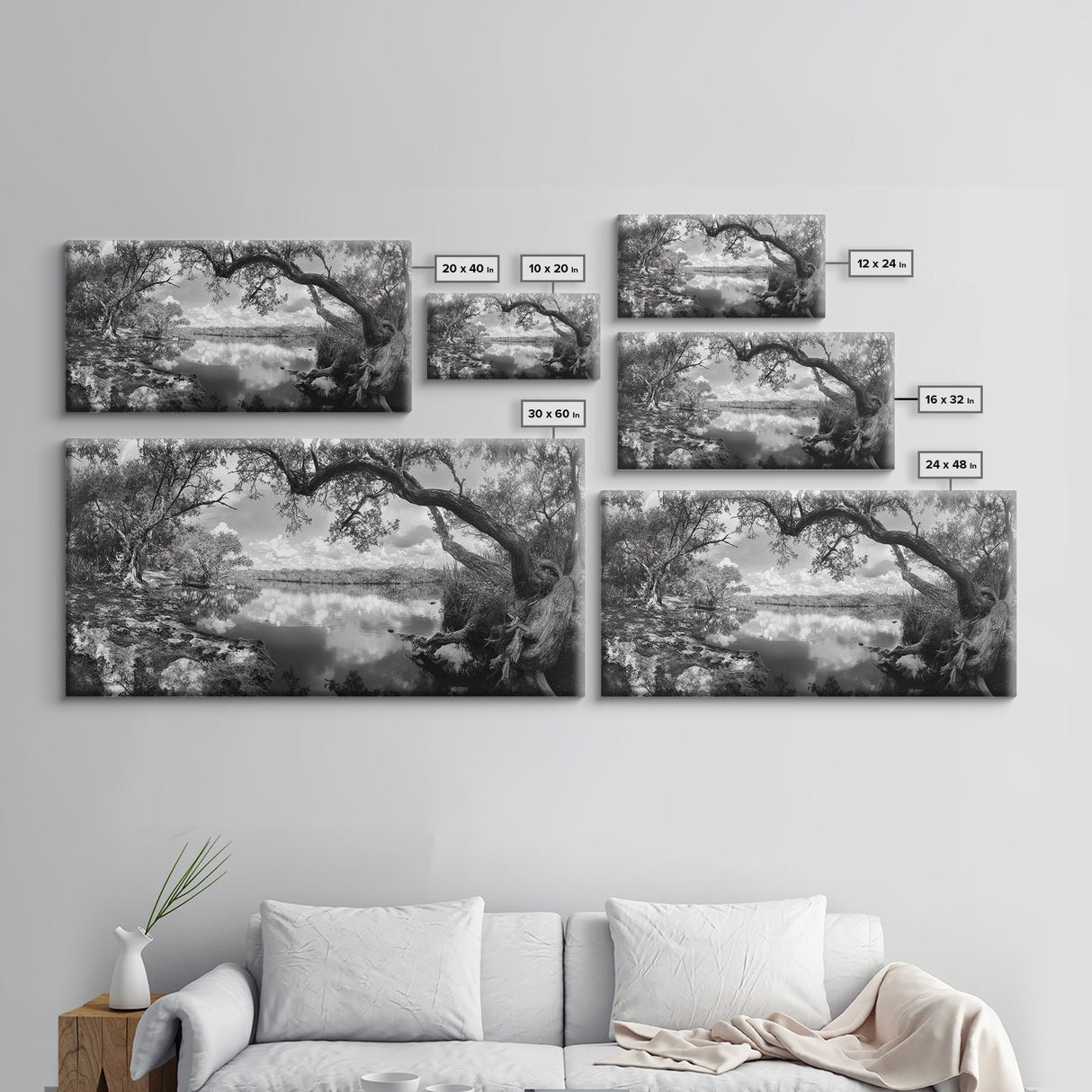 Tree Arch Reflection, Tranquil River View, Nature Canopy Water, Framed Canvas Print, Bedroom Wall Art, Zen Landscape Art, Cabin Decor