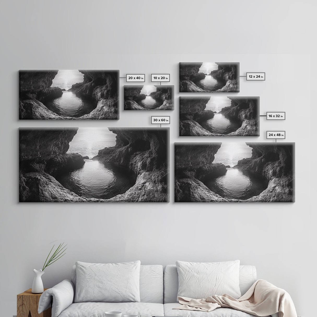Ocean Cave Sunset, Seascape Art, Black and White Photography, Coastal Decor, Minimalist Style, Canvas Print, Bathroom Wall Art