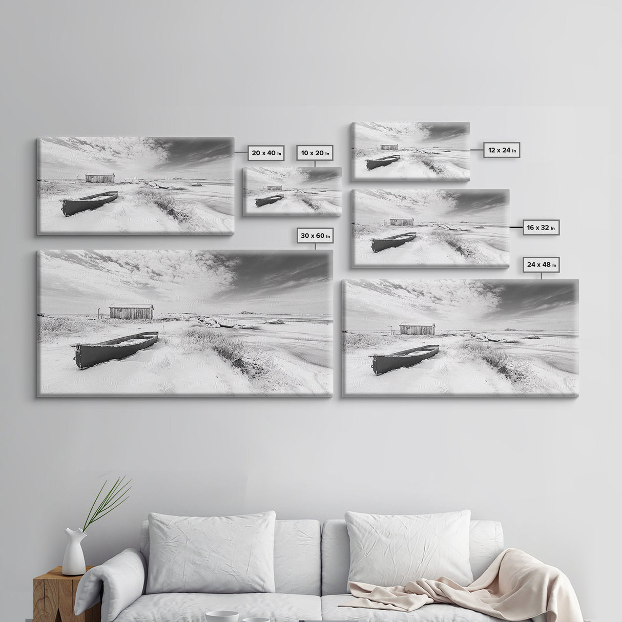 Snowy Coastal Boat, Rustic Winter Landscape, Farmhouse Wall Art, Neutral Tones, Canvas Print, Entryway or Fall Seasonal Decor