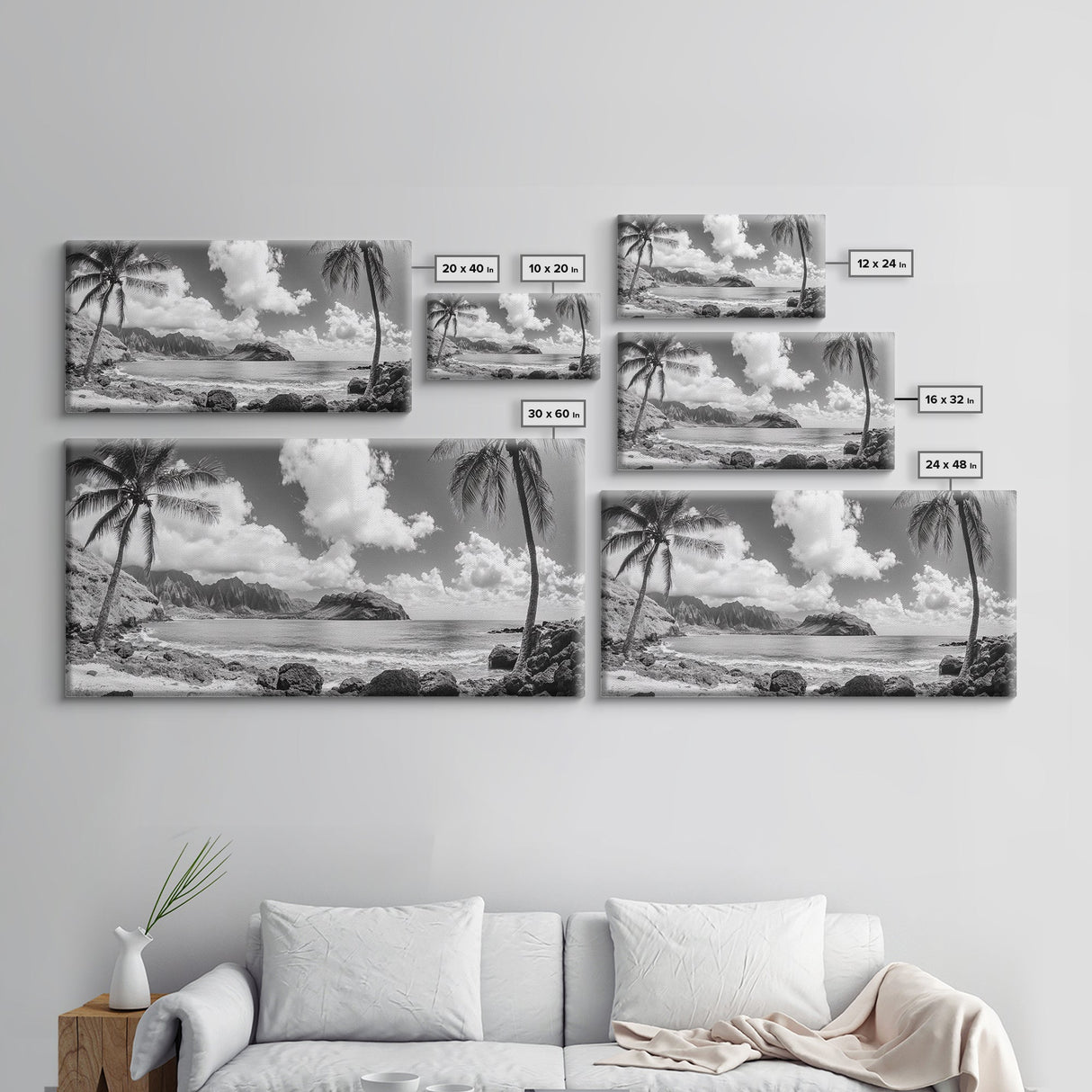 Tropical Beach View, Palm Tree Paradise, Black and White Island, Coastal Wall Decor, Canvas Print, Boho Living Room Art, Office Wall Art