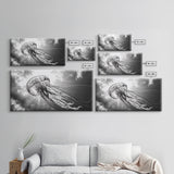 Jellyfish In Light, Ocean Life Art, Monochrome Sea Creature, Canvas Print, Coastal Bathroom Wall Art, Marine Modern Decor, Office Wall Art