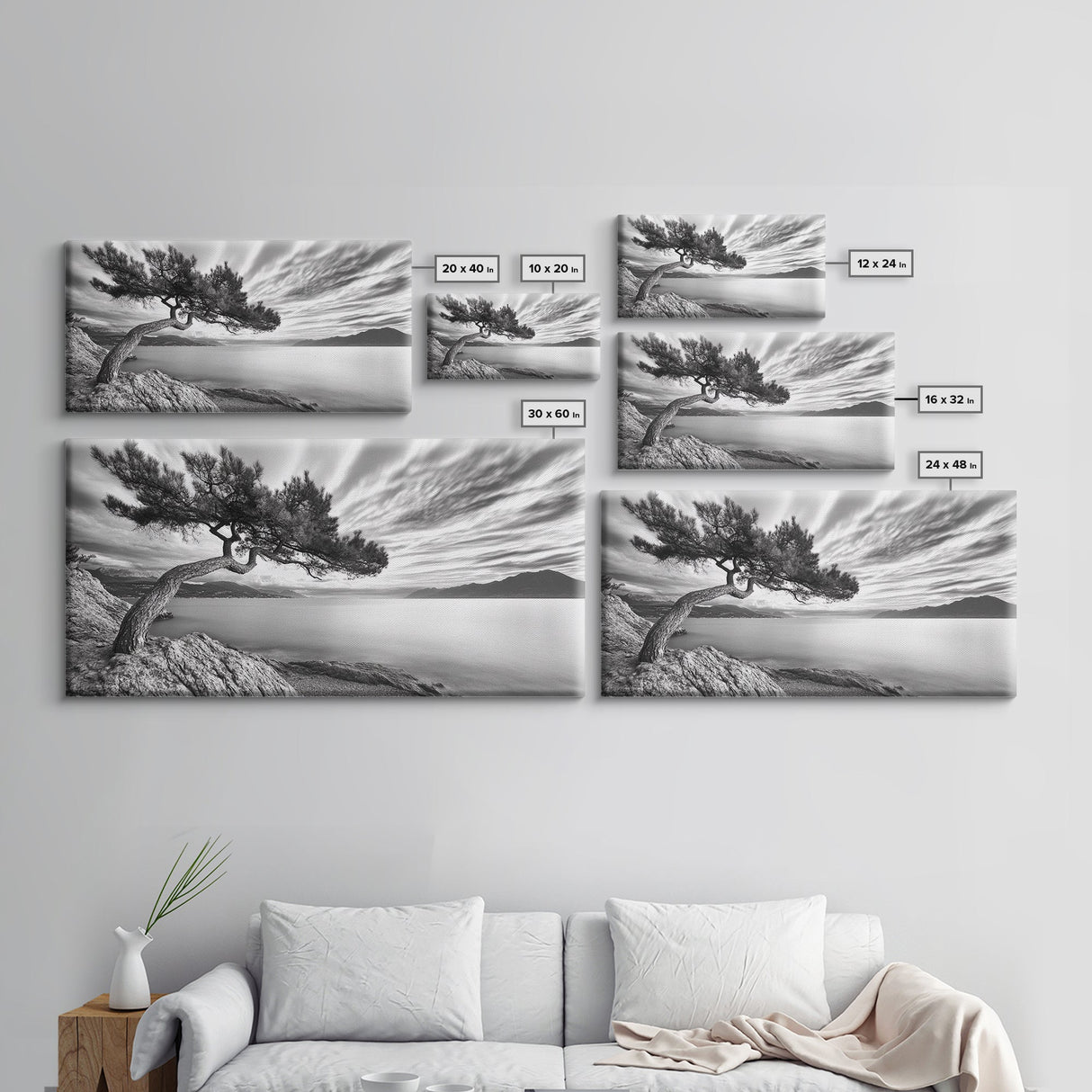 Tree Horizon, Curved Pine, Coastal Calm, Zen Scene, Canvas Print, Living Room Wall Art, Wabi Sabi Decor, Natural Minimal Aesthetic