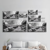 Beach Boardwalk, Coastal Restaurant, Moody Seaside View, Framed Canvas Print, Kitchen or Bar Wall Art, Rustic Autumn Decor