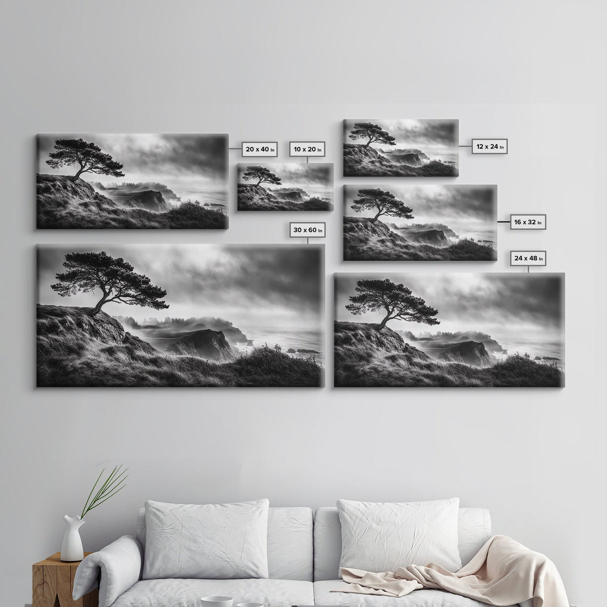 Lone Tree, Foggy Cliffs, Dramatic Landscape, Moody Sky, Framed Canvas Print, Nature Wall Art, Cabin Decor, Autumn Coastal Vibes