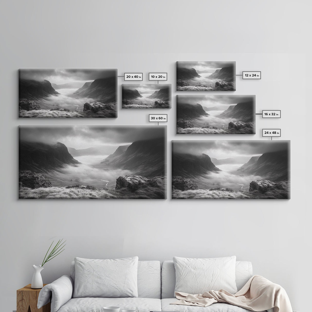 Foggy Valley, Highland Mist, Mountain View, Serene Landscape, Framed Canvas Print, Office Wall Art, Nature Escape, Zen Mountains