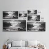 Foggy Valley, Highland Mist, Mountain View, Serene Landscape, Framed Canvas Print, Office Wall Art, Nature Escape, Zen Mountains