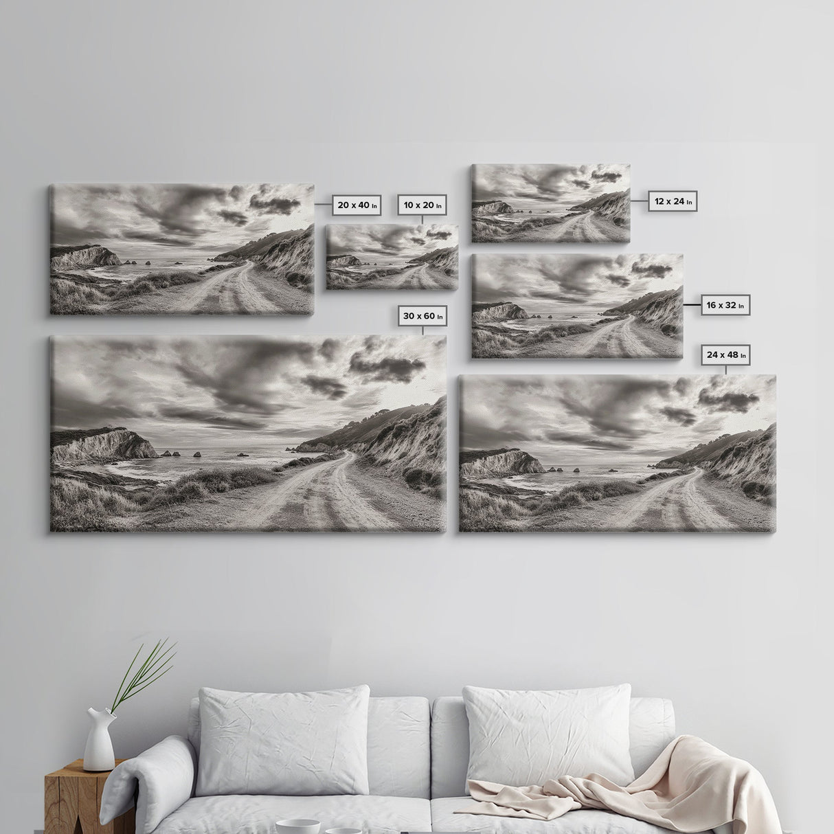 Coastal Road, Scenic Journey, Ocean Path, Cloudy Sky, Framed Canvas Print, Rustic Wall Art, Entryway Wanderlust Landscape, Coastal House