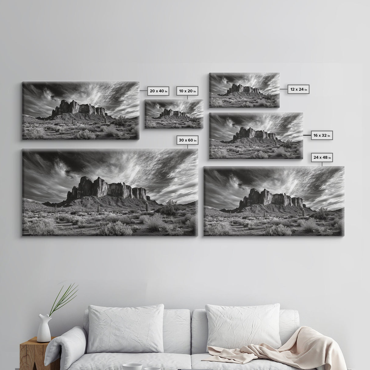 Desert Mesa, Dramatic Sky, Western Landscape, Cactus Field, Framed Canvas Print, Rustic Wall Art, Living Room Southwest Decor