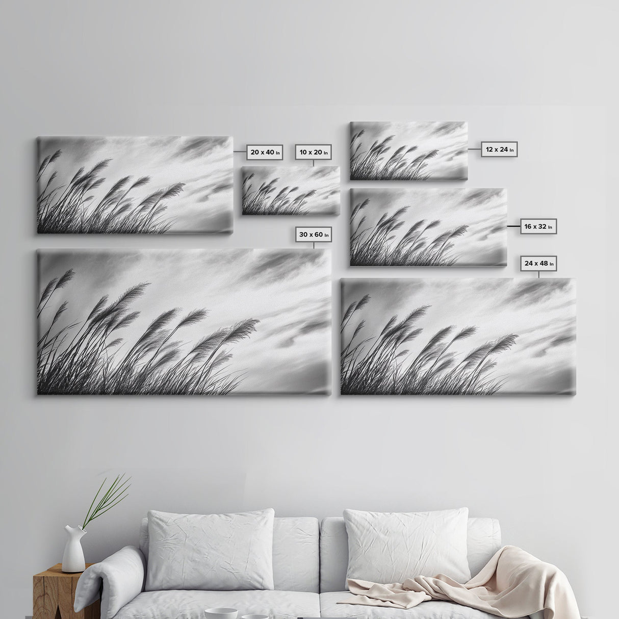 Pampas Grass, Wind Blown, Sky Motion, Autumn Field, Framed Canvas Print, Boho Wall Art, Bedroom Fall Botanical Decor, Living Room Decor