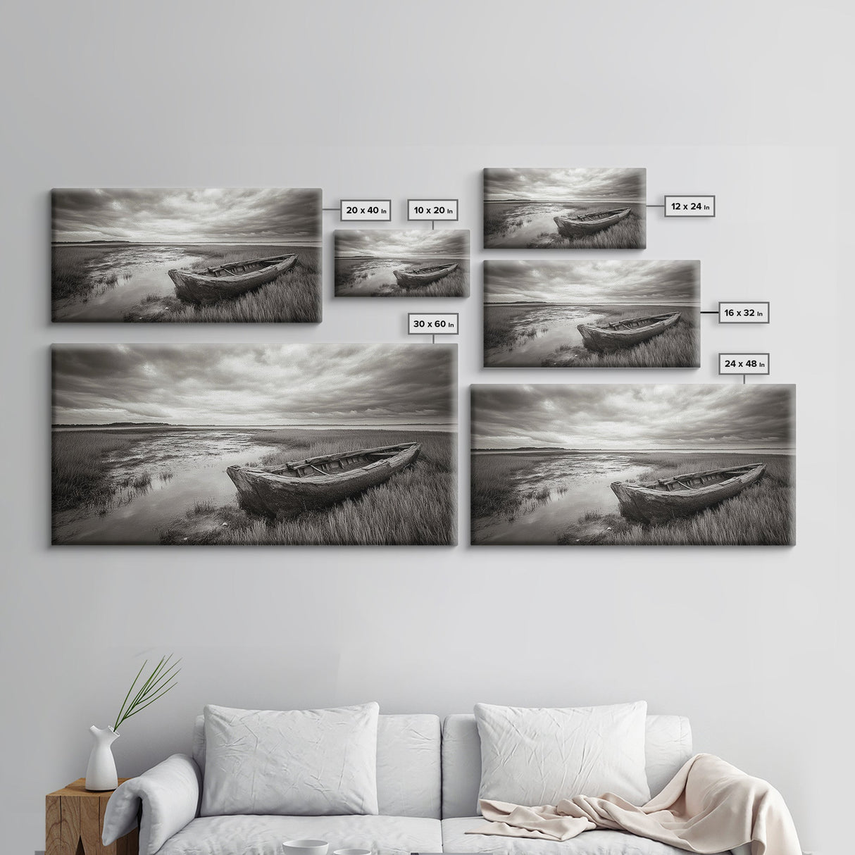 Abandoned Boat, Coastal Marsh Scene, Sepia Seascape, Framed Canvas Print, Living Room Wall Art, Moody Autumn Nautical Decor