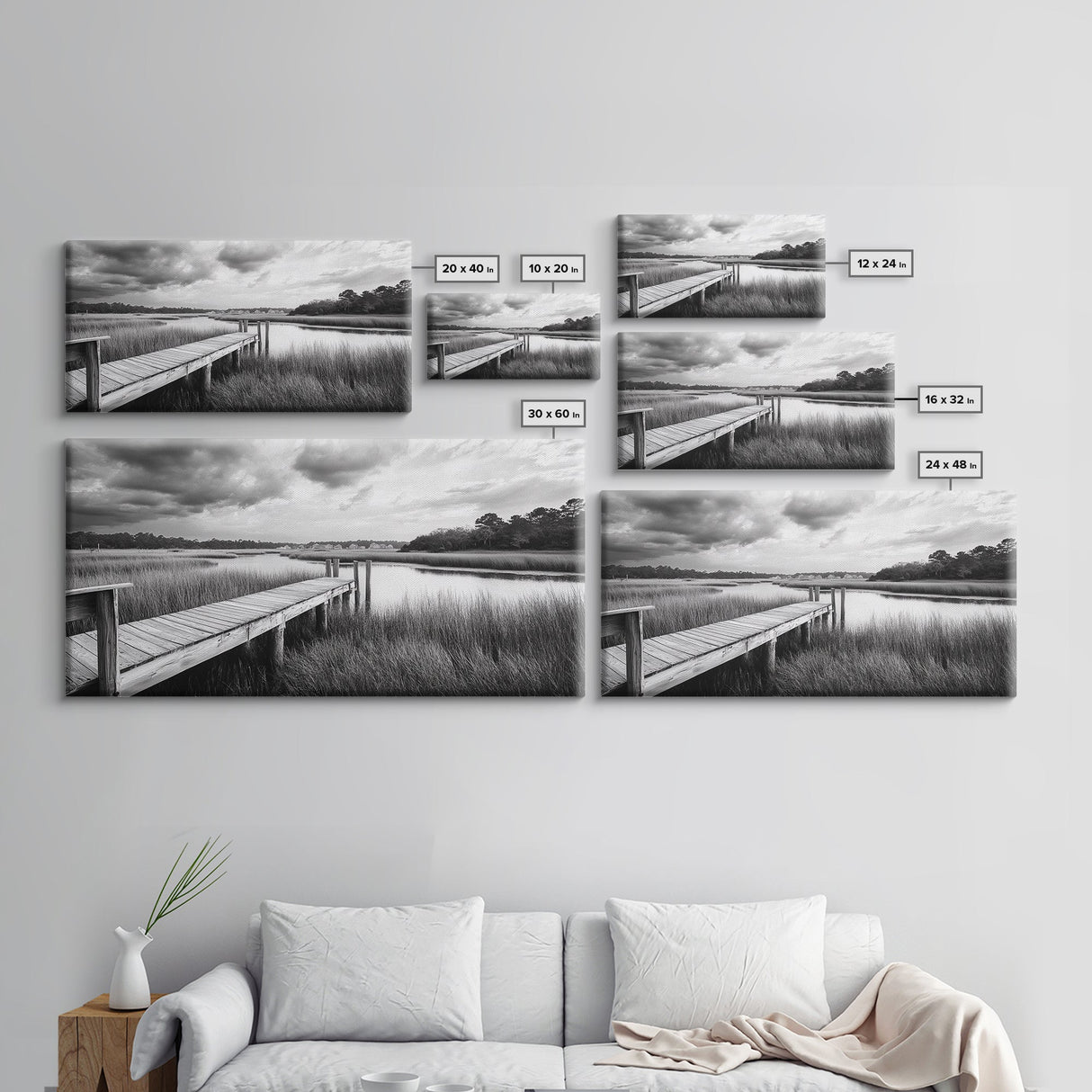 Marsh Dock Scene, Tranquil Water Landscape, Rustic Pier Canvas Print, Black and White Nature, Entryway Art, Coastal Country Home Decor