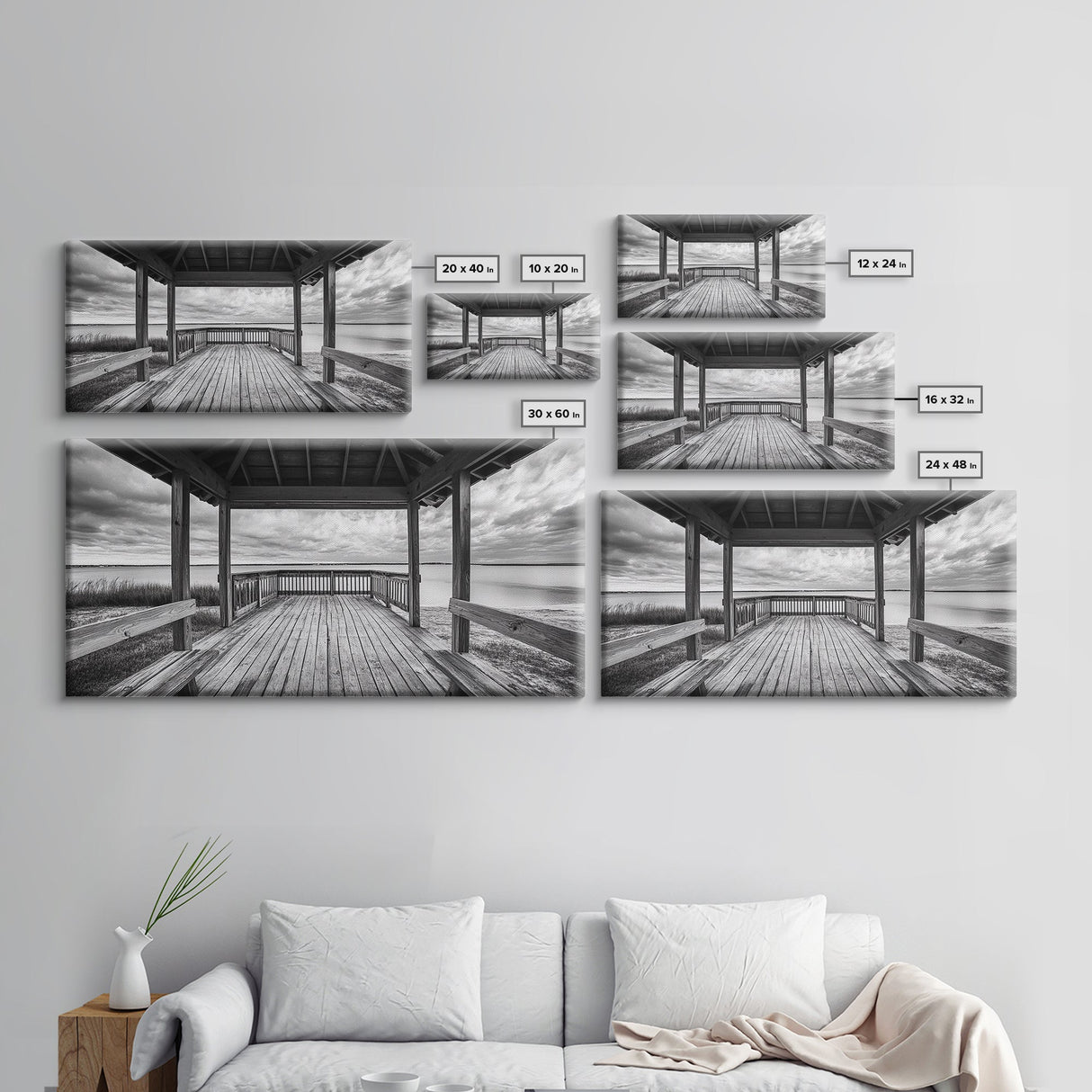 Gazebo By Water, Serene Lake View, Rustic Deck Canvas Print, Minimalist Landscape Wall Art, Neutral Bedroom, Tranquil Home Decor