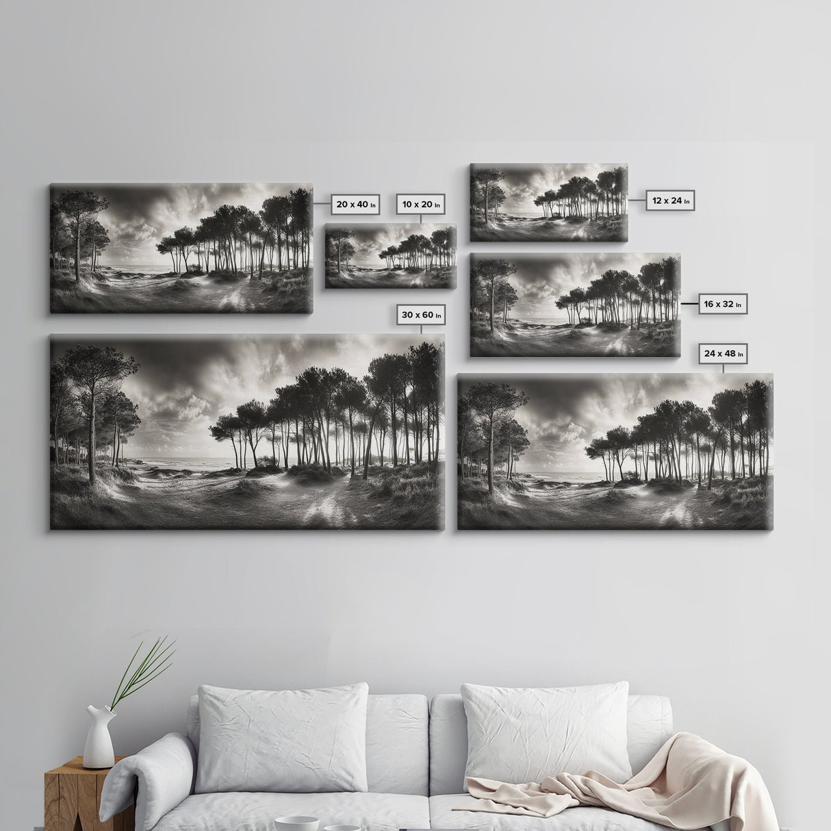 Tree Silhouettes, Coastal Pines Sunset, Nature Path Scene, Framed Canvas Print, Autumn Living Room or Rustic Cabin Wall Decor