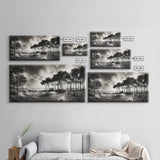Tree Silhouettes, Coastal Pines Sunset, Nature Path Scene, Framed Canvas Print, Autumn Living Room or Rustic Cabin Wall Decor