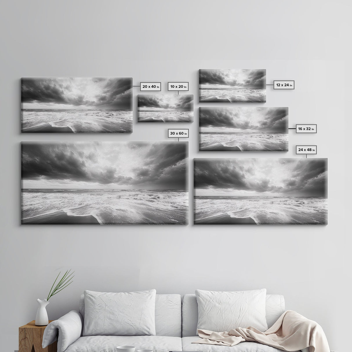 Stormy Sea, Ocean Waves, Monochrome Seascape, Dramatic Beach View, Framed Canvas Print, Nautical Wall Art, Bathroom Coastal Decor