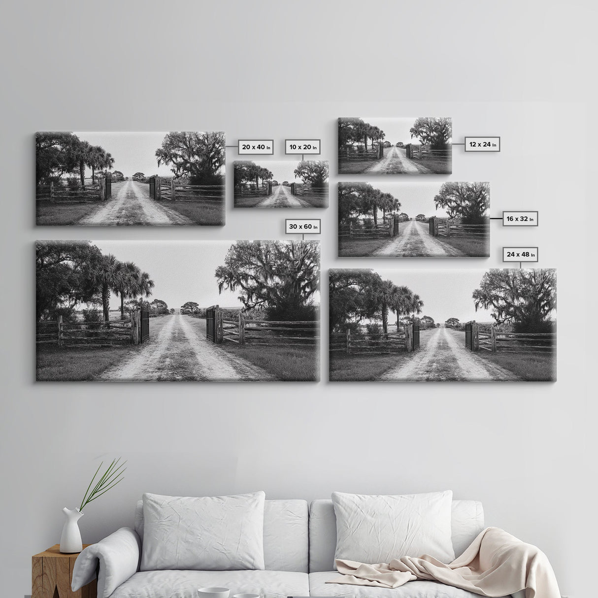 Rustic Gate Trail, Southern Country Road, Tree-Lined Entry, Framed Canvas Print, Farmhouse Style, Entryway or Office Wall Art