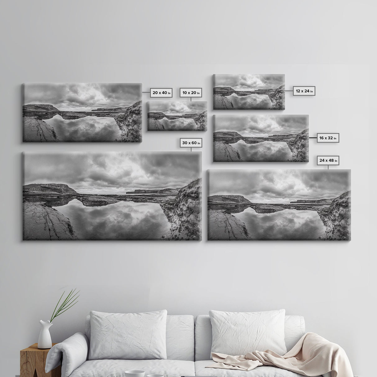 Reflected Cliffs, Stormy Sky, Coastal View, Dramatic Landscape, Canvas Print, minimalist art, office decor, moody black and white wall art