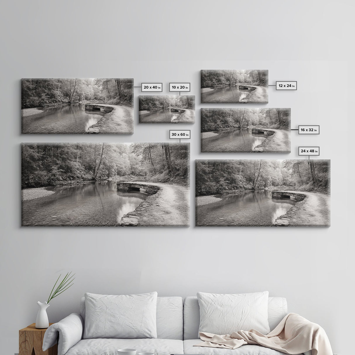 Stone Bridge, Forest Path, Quiet Creek, Peaceful Nature, Canvas Print, tranquil woodland art, Fall entryway piece, rustic landscape