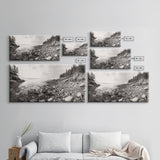 Rocky Coast, Forest Edge, Tranquil Shoreline, Earthy Landscape Scene, Canvas Print, Neutral Home Decor, Rustic Cabin Wall Art
