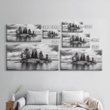 Lake Island, Pine Trees, Nature Panorama, Black and White Wilderness, Framed Canvas Print, Office Wall Art, Outdoor Inspired Decor