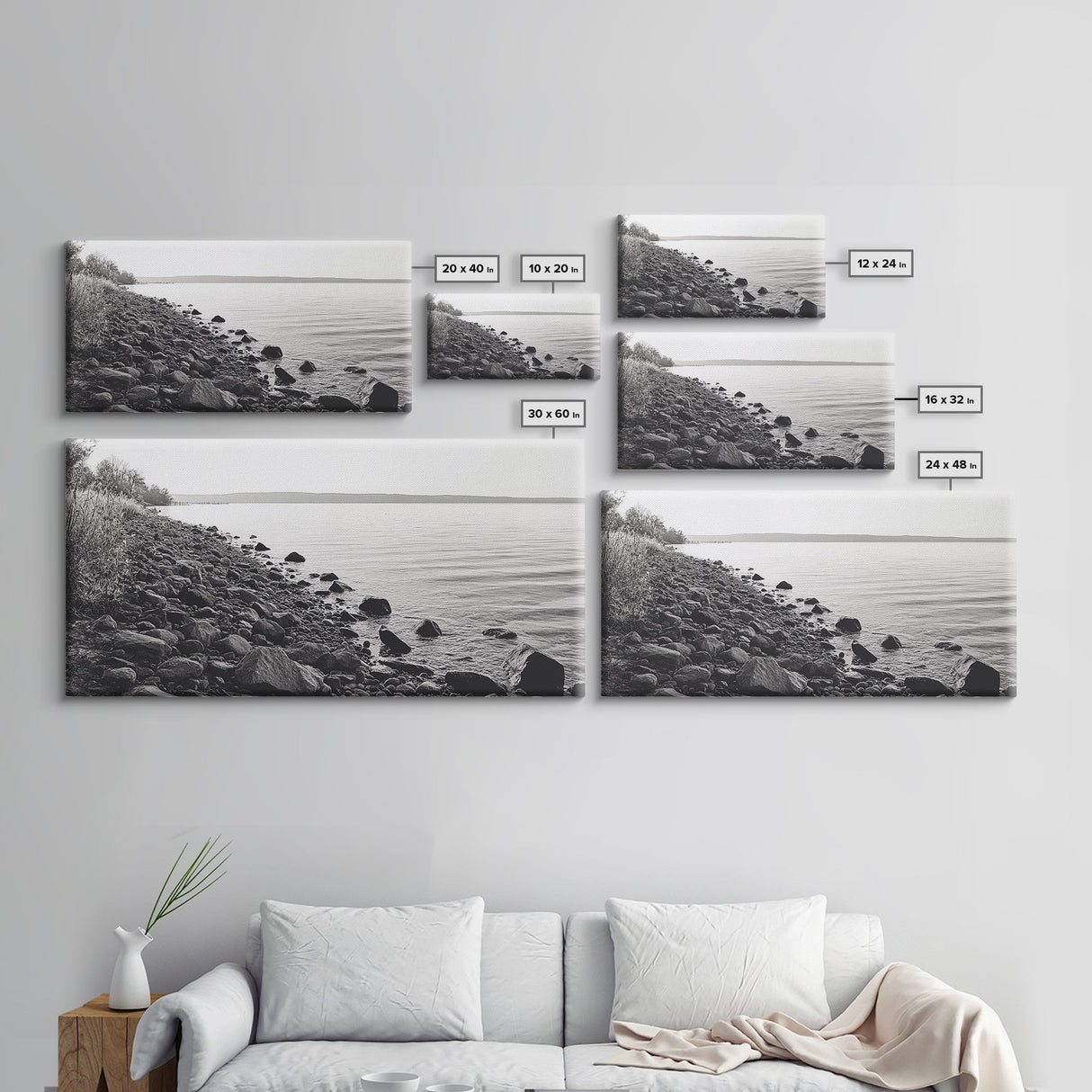 Shoreline Rocks, Quiet Water, Still Landscape, Coastal Photography, Canvas Print, Minimalist Office Art, Calm Nature Scene