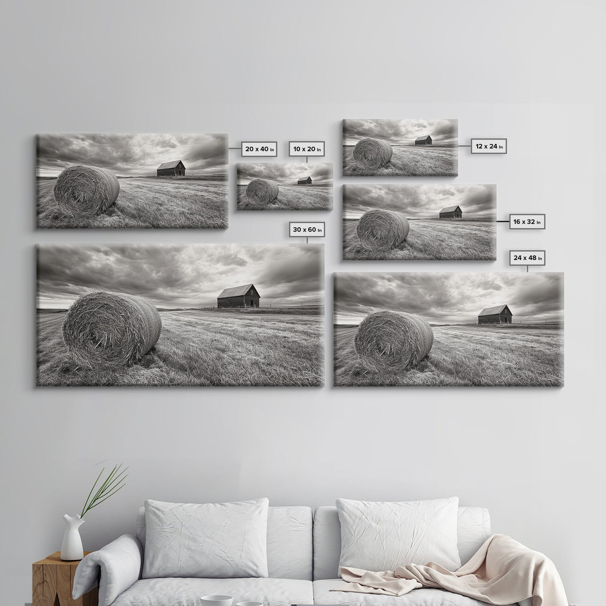 Barn Field, Hay Bale, Rural Farmland Scene, Autumn Countryside Art, Canvas Print, Farmhouse Wall Decor, Rustic Fall Living Room Art