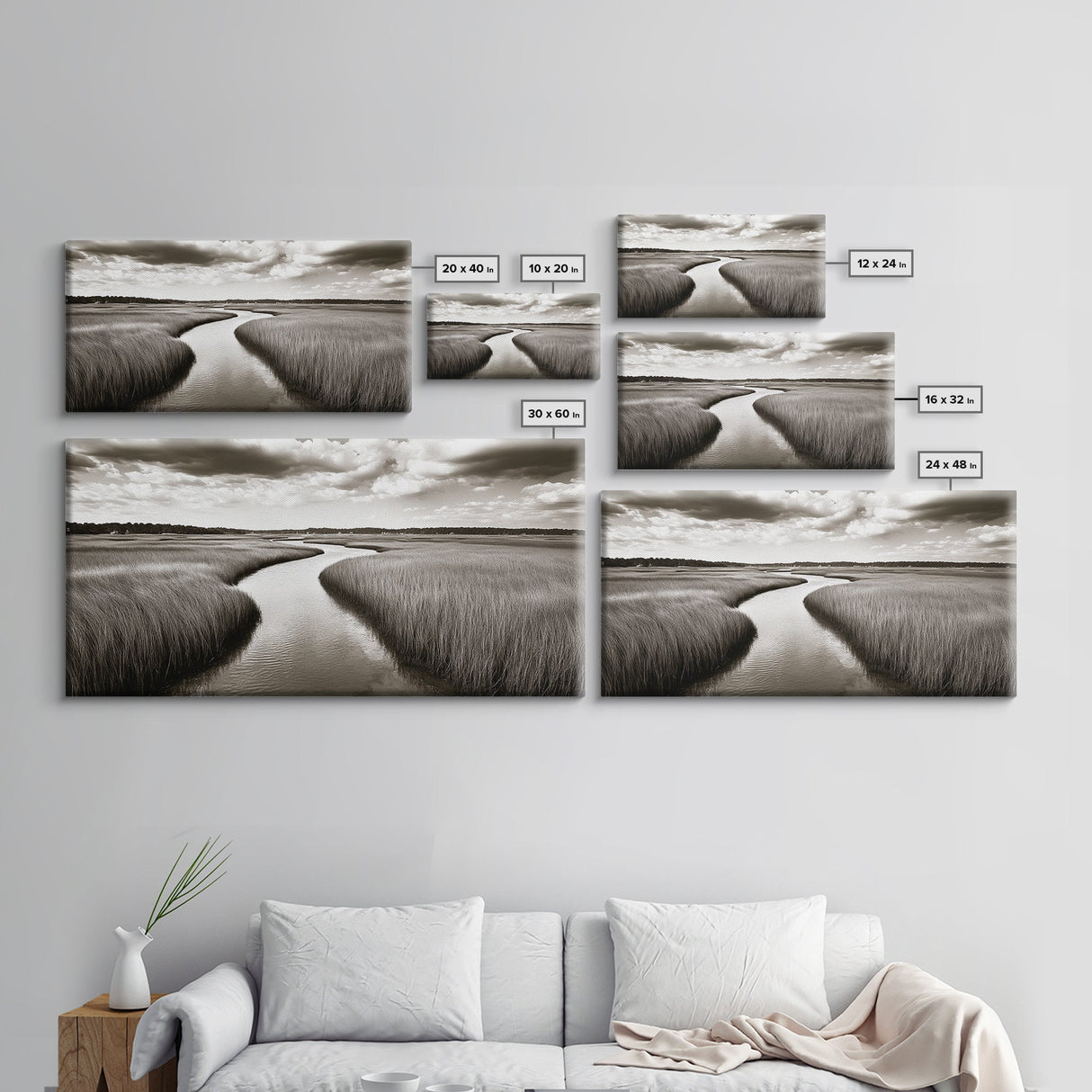 Winding River, Marsh Grass, Nature Path, Sepia Tones, Framed Canvas Print, Country Wall Art, Entryway Decor, Rustic Landscape Aesthetic