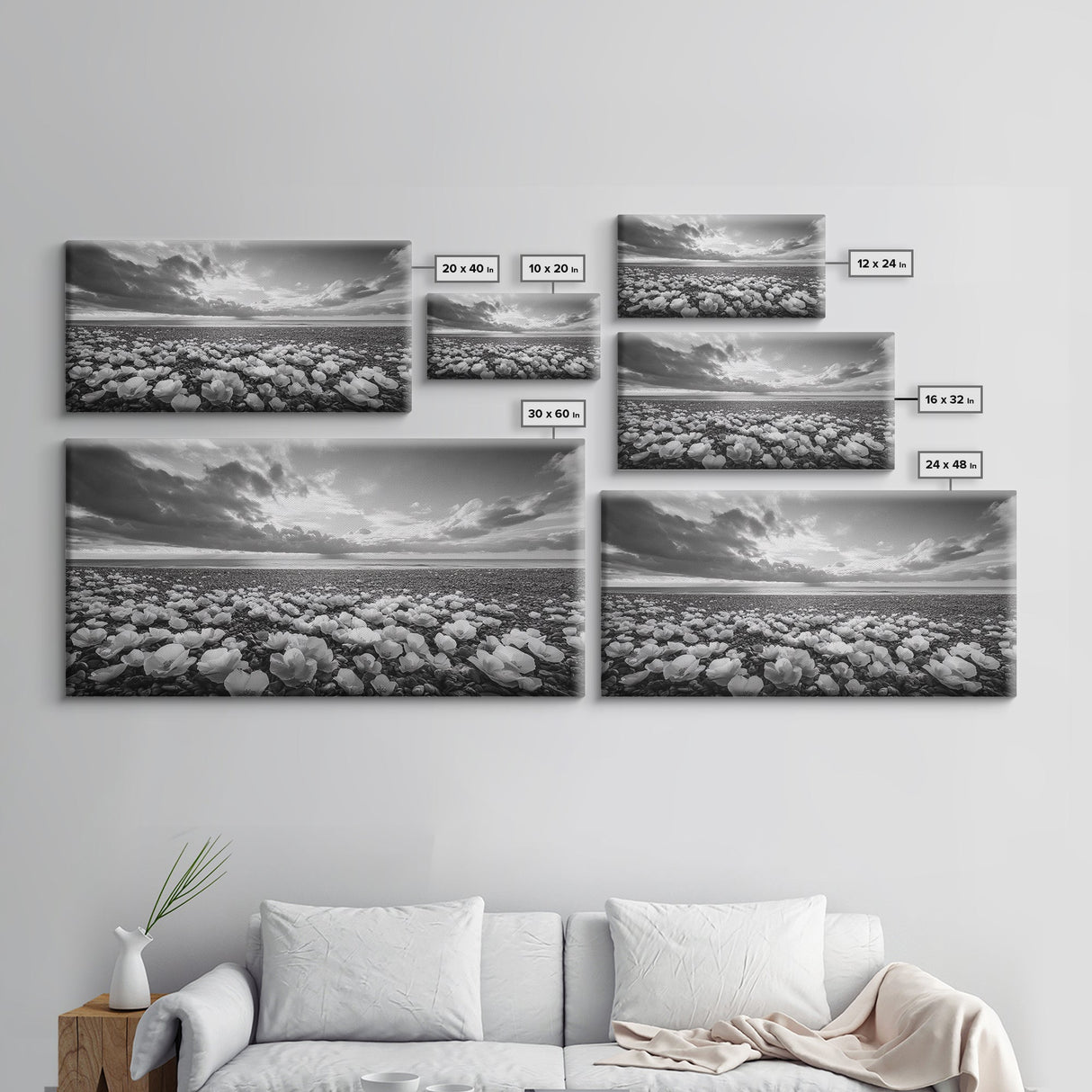 Flower Beach Shore, Coastal Blossoms, Pebble Flower Scene, Nature Bloom Decor, Canvas Print, Living Room Wall Art, Boho Art