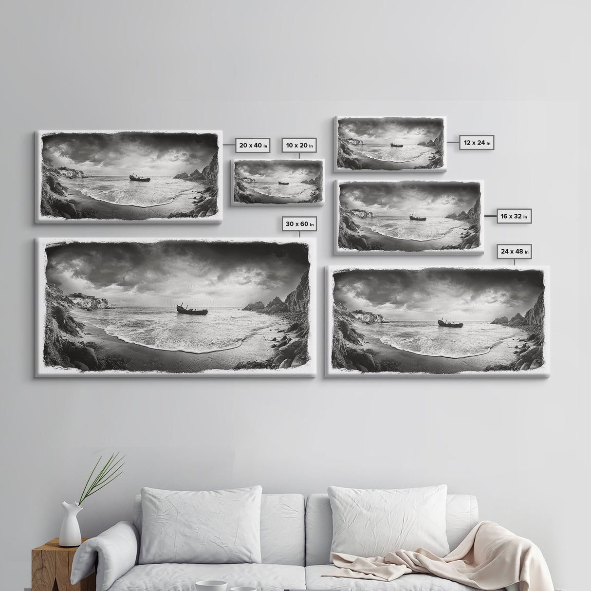Shipwreck Beach Scene, Dramatic Coastline, Black and White Decor, Framed Canvas Print, Moody Art, Coastal Wall Art, Rustic Bedroom Print