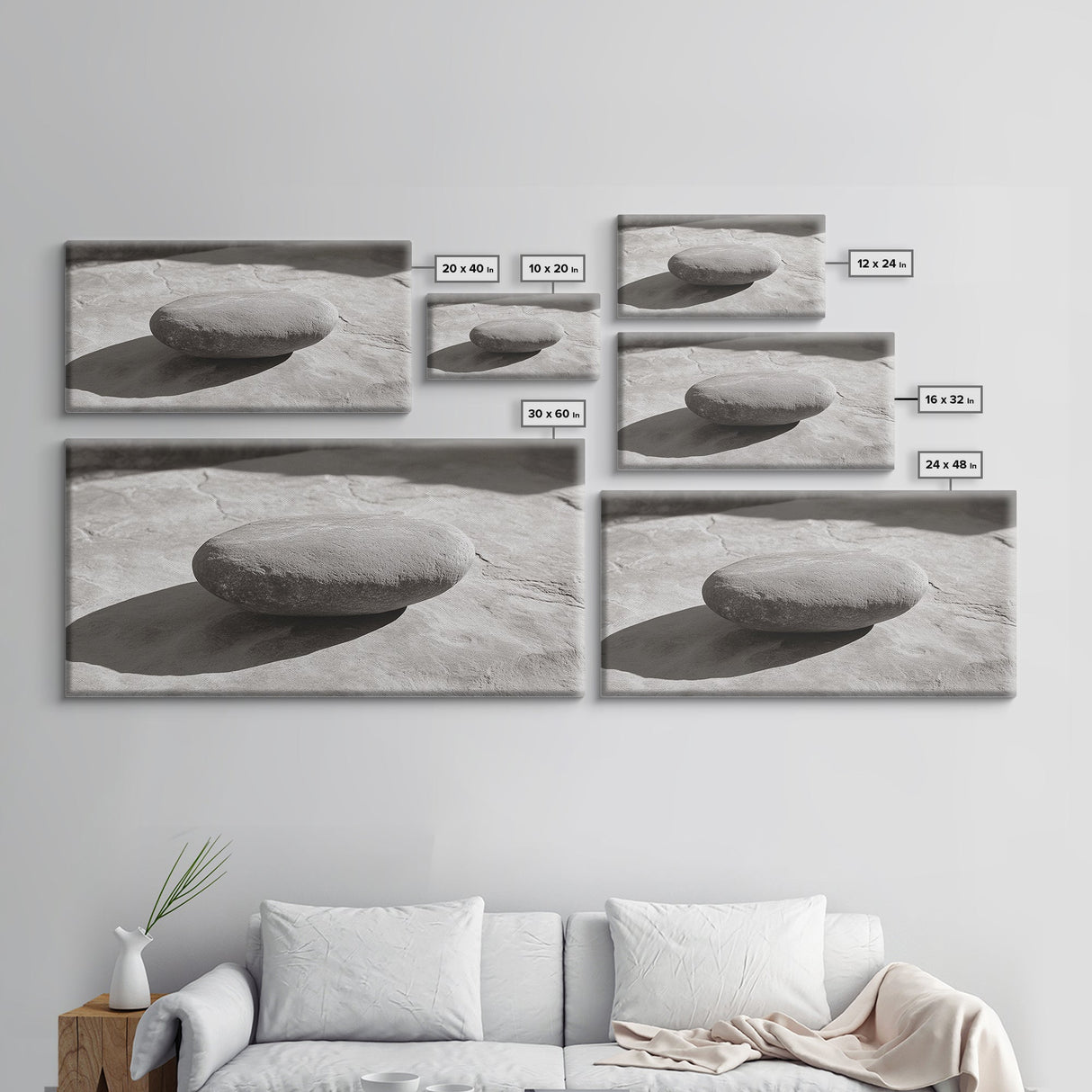 Zen Stone Focus, Natural Simplicity, Black and White Minimalist, Canvas Print, Spa Wall Art, Serene Bathroom Decor, Peaceful Aesthetic