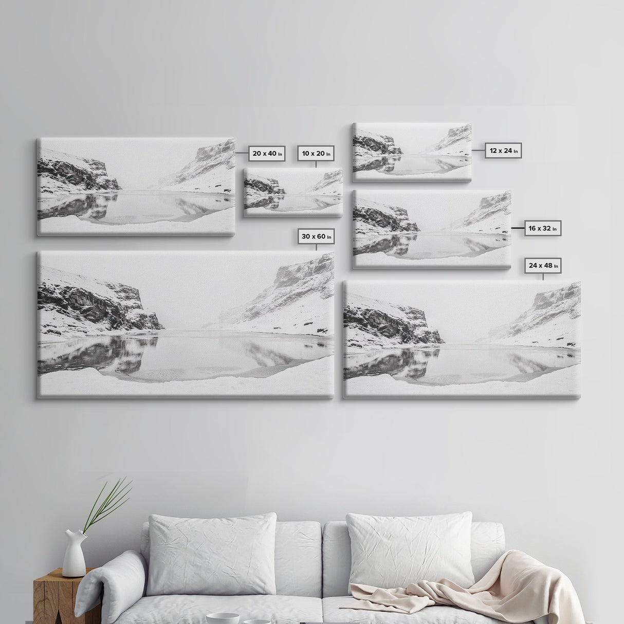 Snowy Cliff Reflection, Winter River Scene, Black and White Nature, Framed Canvas Print, Minimalist Wall Art, Neutral Winter Decor