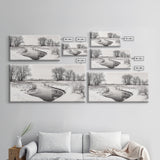 Frozen Stream Scene, Bare Trees Landscape, Black and White Nature Decor, Canvas Print, Winter Wall Art, Neutral Bedroom Accent