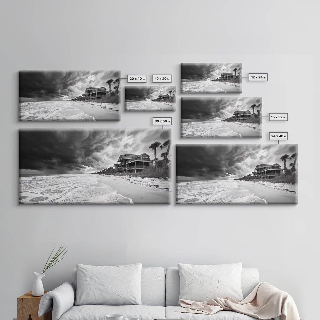 Stormy Beach House, Coastal Decor, Monochrome Photography, Beachfront Scene, Canvas Print, Moody Ocean Wall Art, Bedroom Coastal Wall Decor