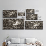 Enchanted Forest Light, Tree Shadows, Nature Landscape, Framed Canvas Print, Rustic Wall Art, Entryway Woodland Decor, Boho Forest Print